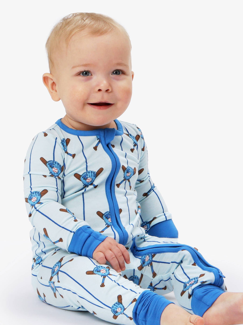 SoftSnooze™ Baby Bamboo Viscose Blue Batter Up Baseball Convertible One Piece Footie Pajama