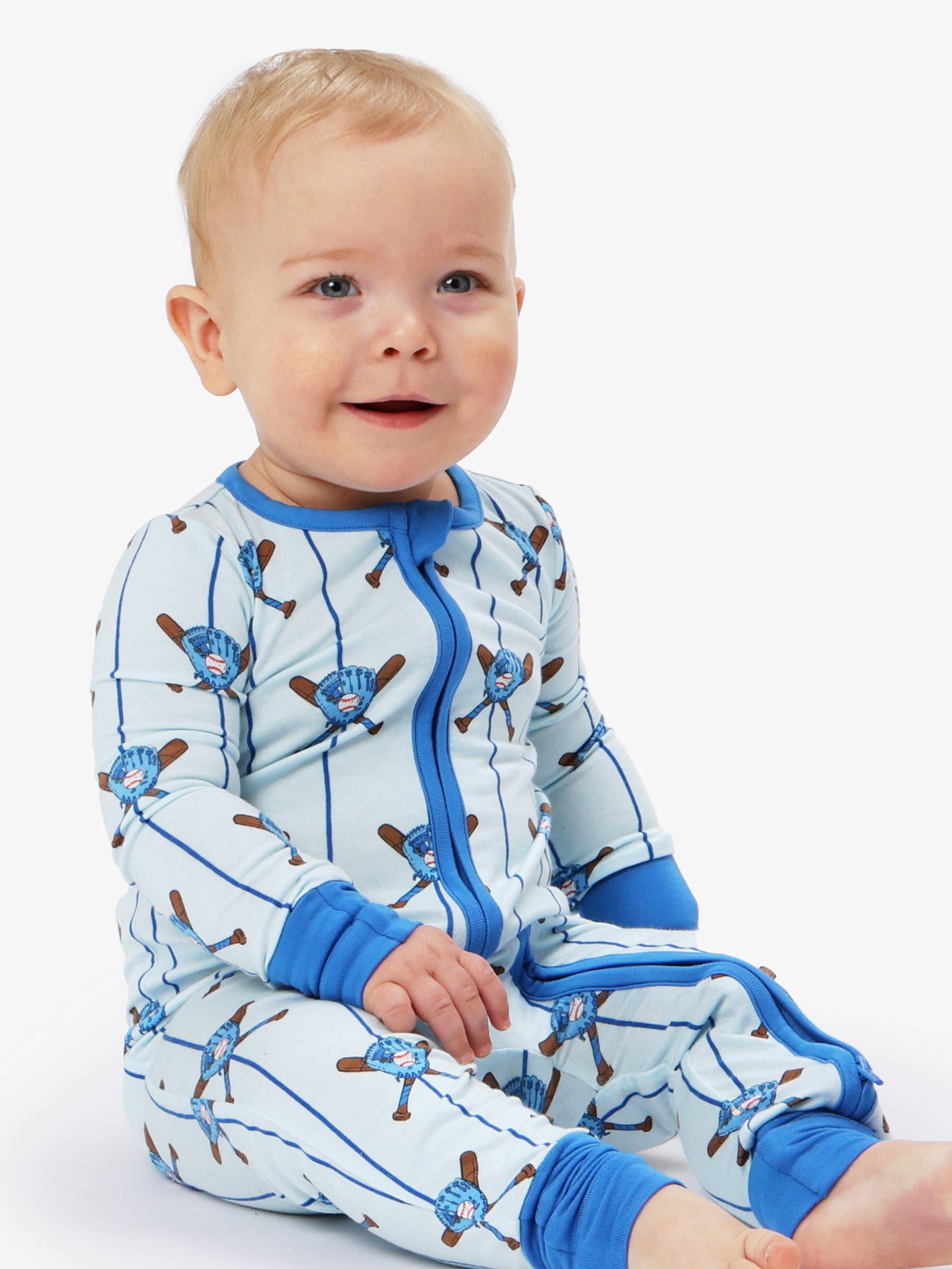 SoftSnooze™ Baby Bamboo Viscose Blue Batter Up Baseball Convertible One Piece Footie Pajama
