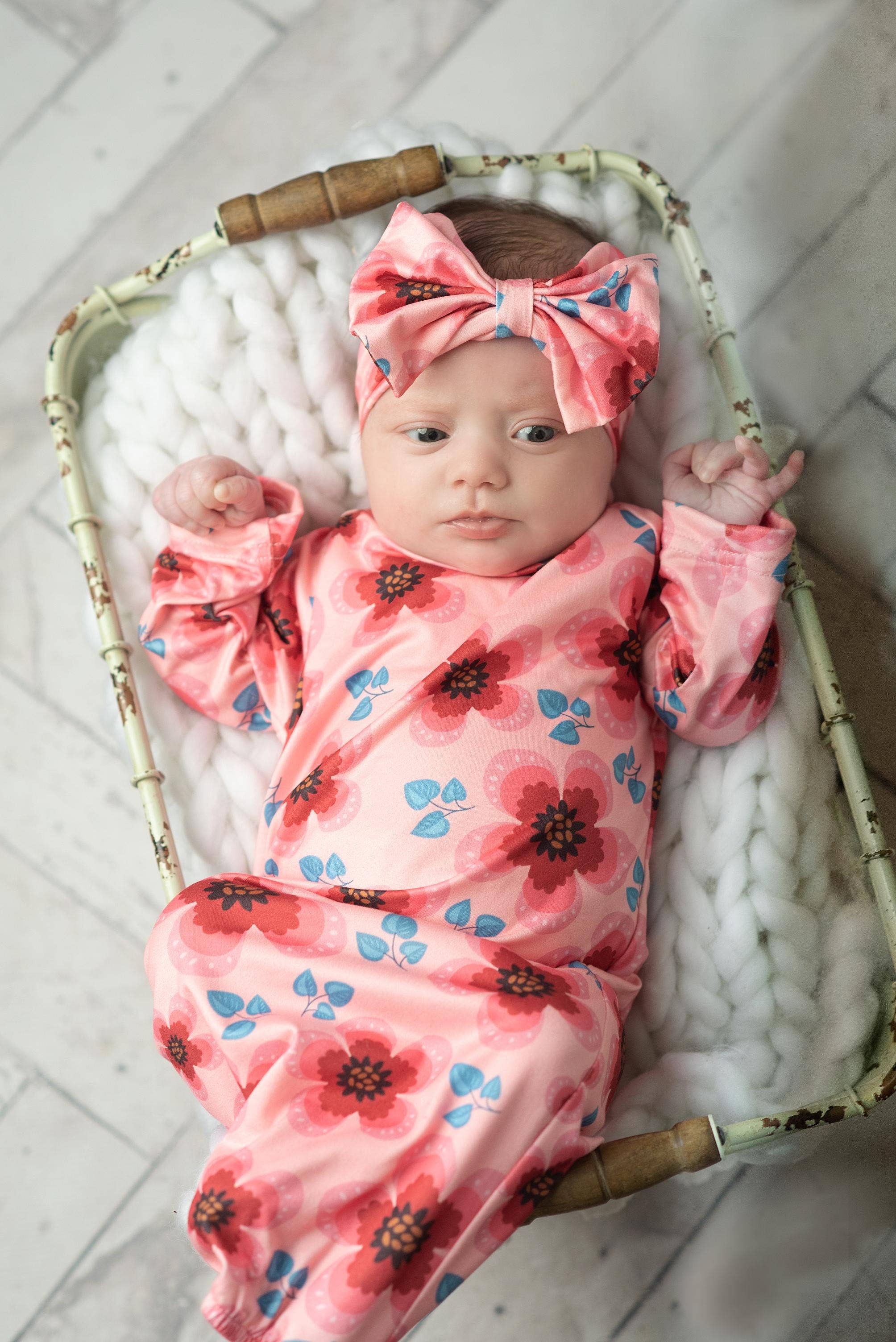 Infant Girls Pink & Wine Flower Baby Gown and Bow Headband
