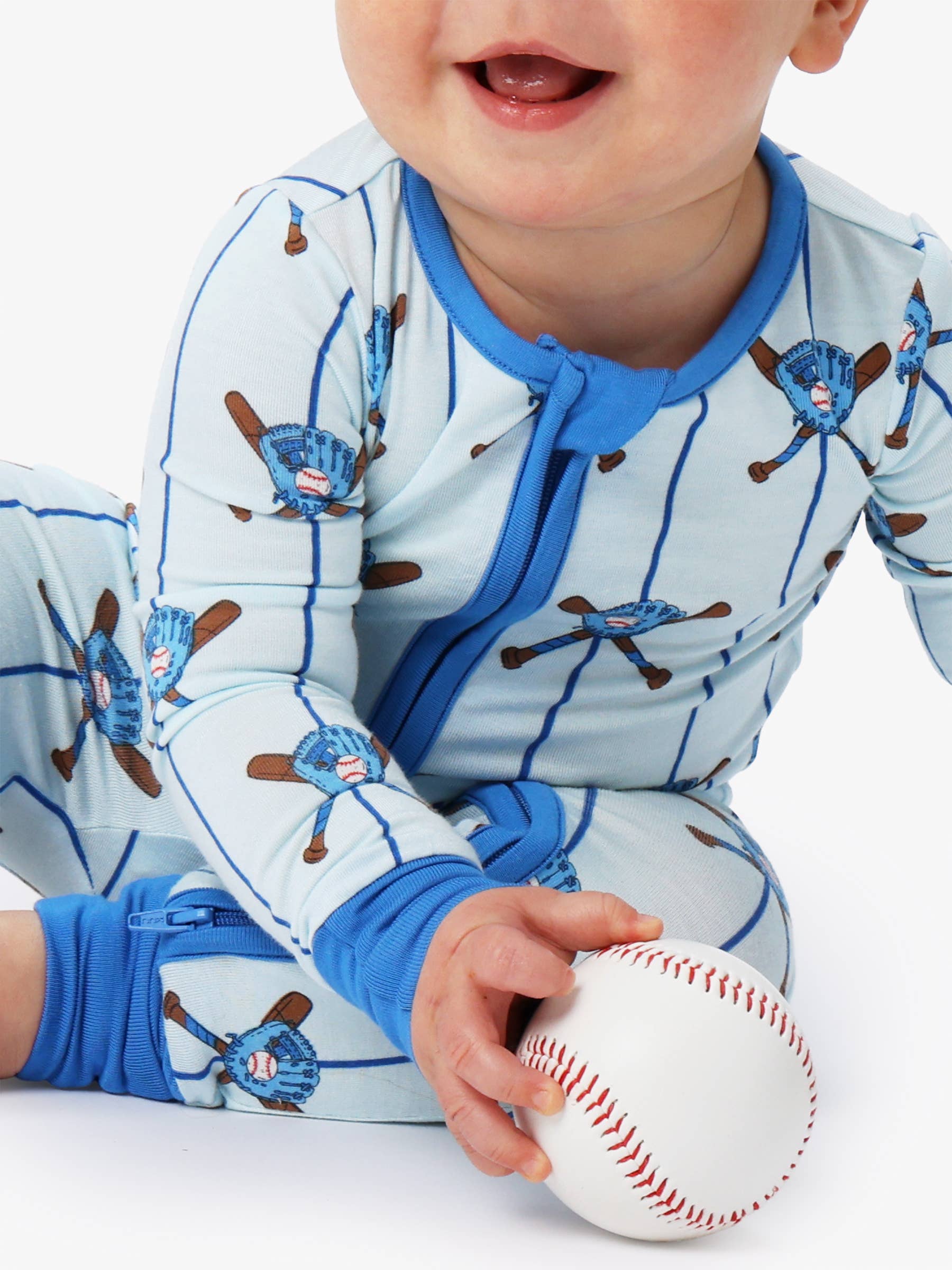 SoftSnooze™ Baby Bamboo Viscose Blue Batter Up Baseball Convertible One Piece Footie Pajama