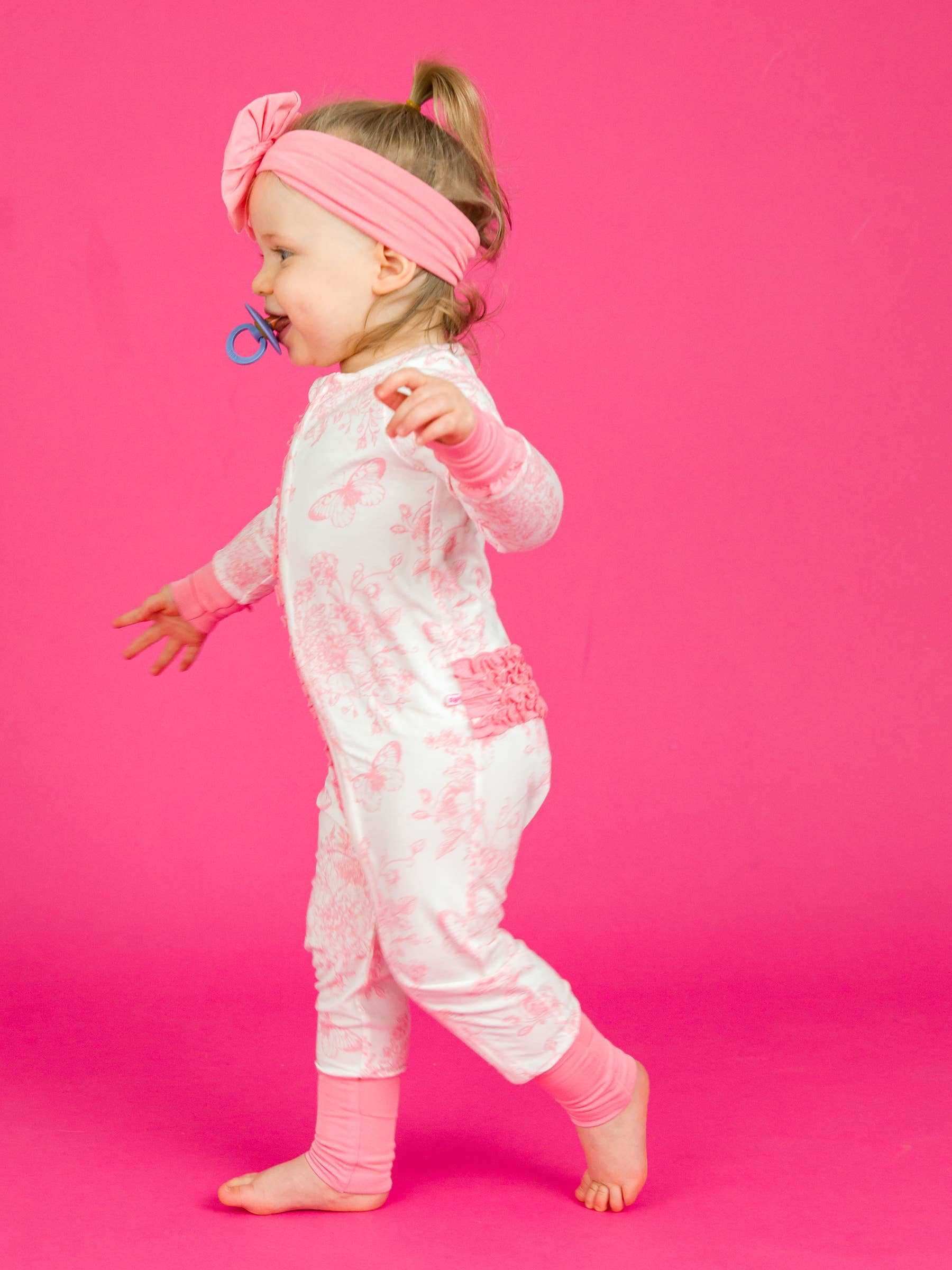 SoftSnooze™ Baby Girls Bamboo Viscose Pink Butterfly Garden Toile Convertible Ruffle One Piece Footie Pajama