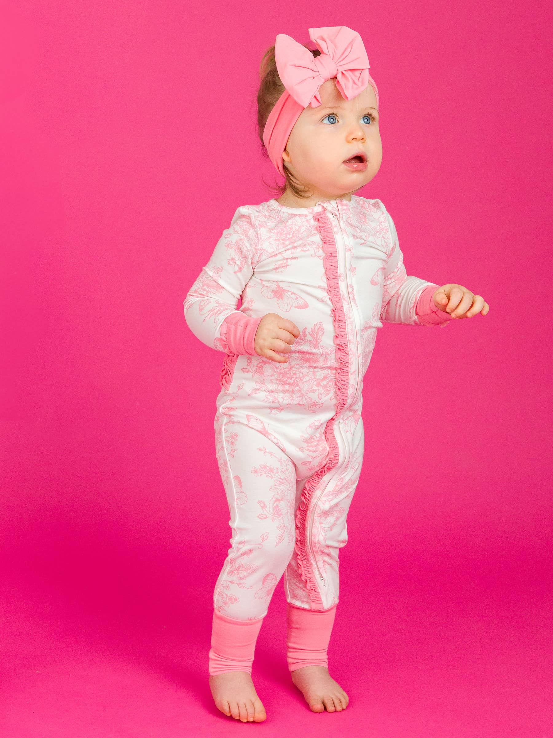 SoftSnooze™ Baby Girls Bamboo Viscose Pink Butterfly Garden Toile Convertible Ruffle One Piece Footie Pajama