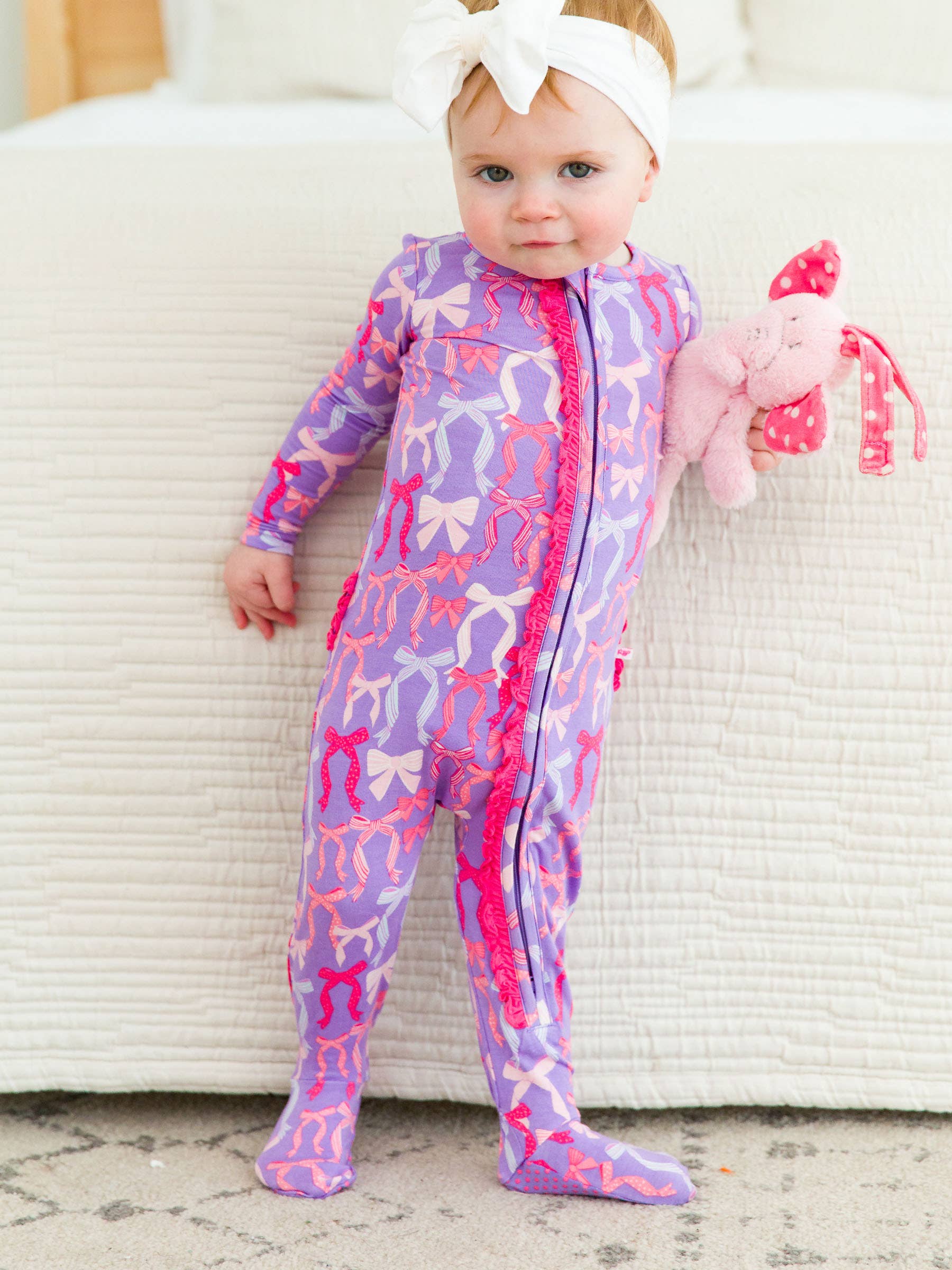SoftSnooze™ Baby Girls Bamboo Viscose Rosy Ribbons Footed Ruffle One Piece Pajama