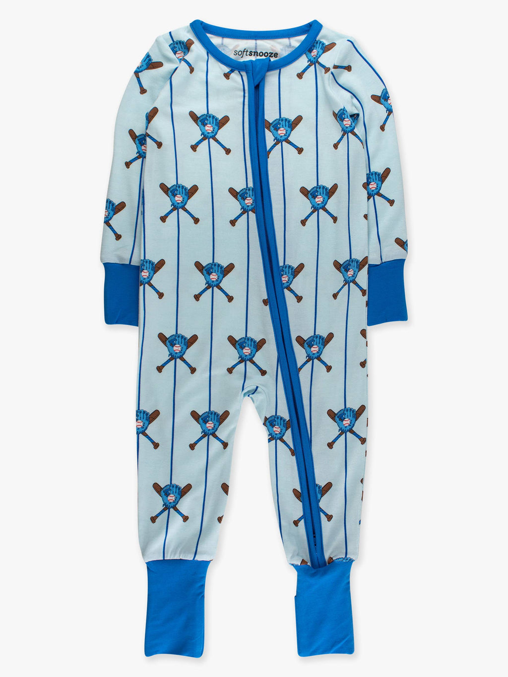 SoftSnooze™ Baby Bamboo Viscose Blue Batter Up Baseball Convertible One Piece Footie Pajama