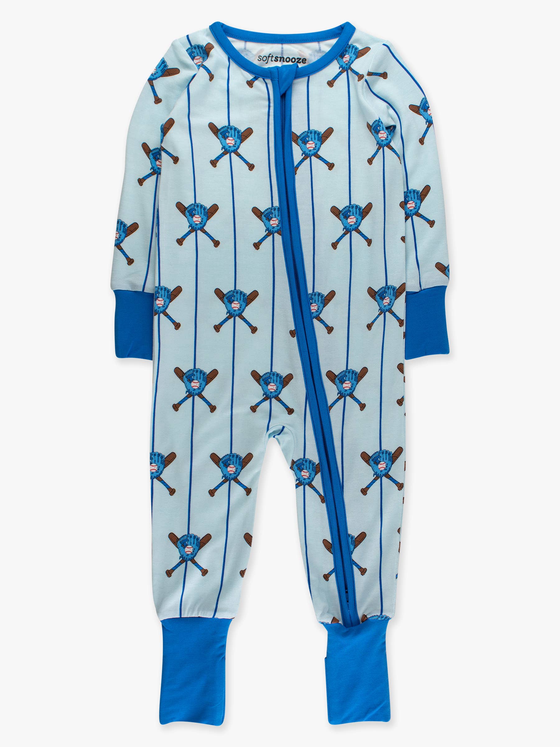 SoftSnooze™ Baby Bamboo Viscose Blue Batter Up Baseball Convertible One Piece Footie Pajama