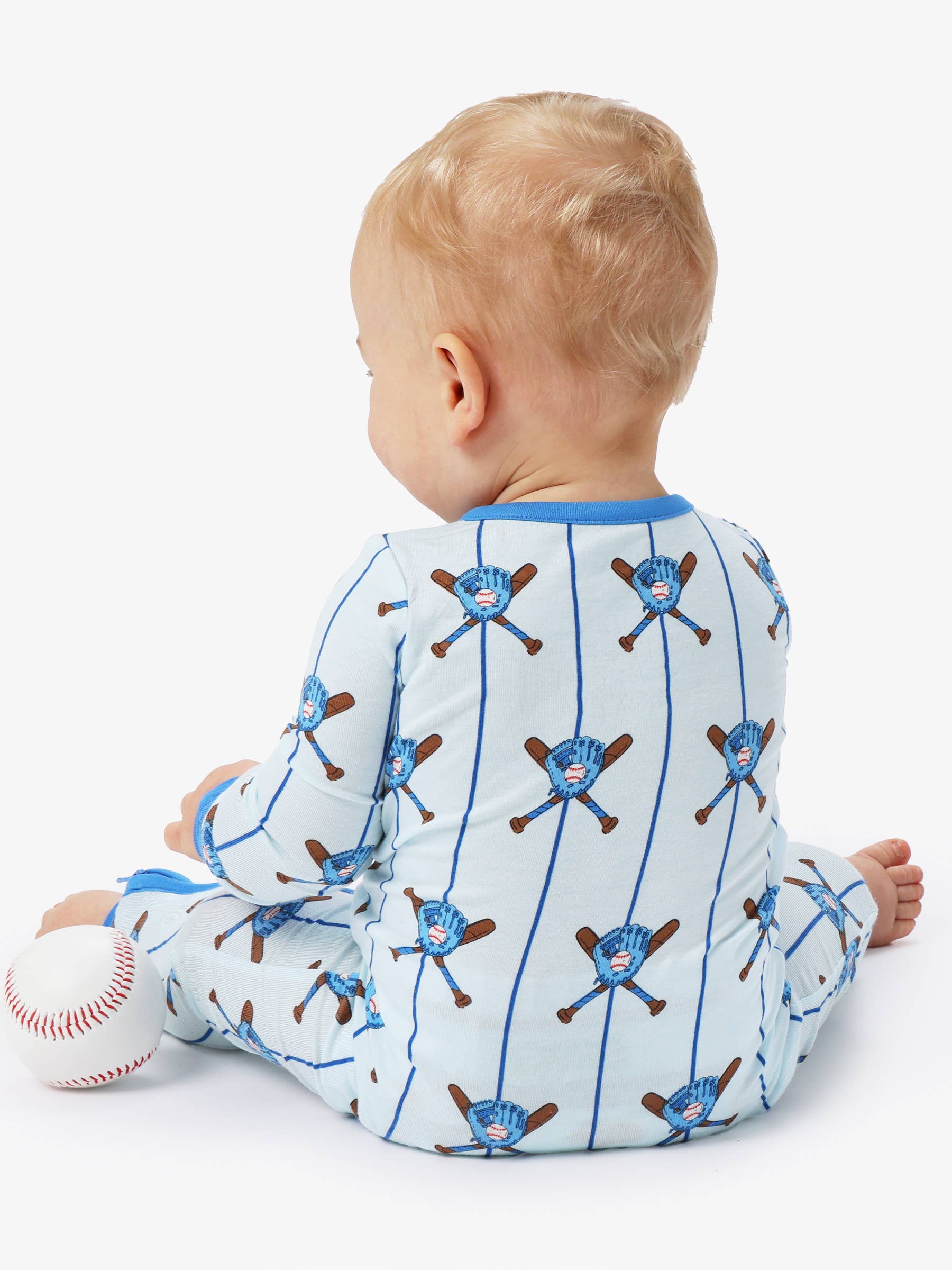 SoftSnooze™ Baby Bamboo Viscose Blue Batter Up Baseball Convertible One Piece Footie Pajama