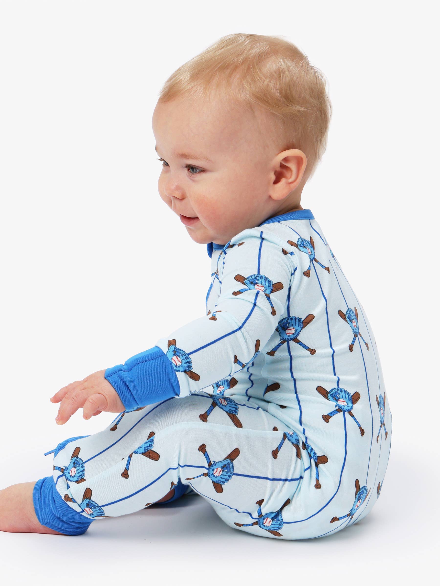 SoftSnooze™ Baby Bamboo Viscose Blue Batter Up Baseball Convertible One Piece Footie Pajama
