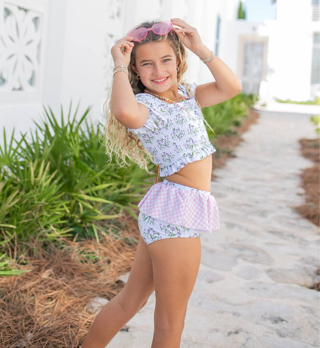 Girls Blue Purple Abby Dainty Floral 2 Piece Swimsuit