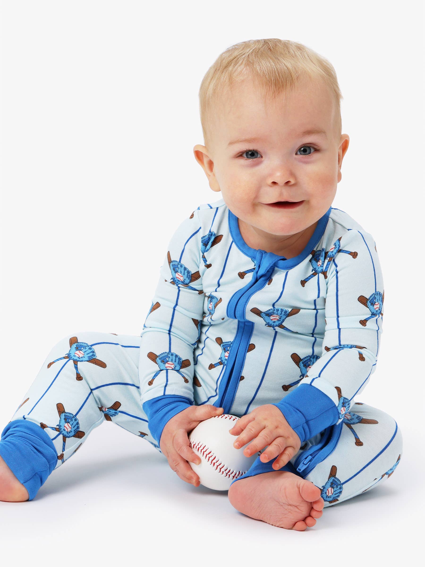 SoftSnooze™ Baby Bamboo Viscose Blue Batter Up Baseball Convertible One Piece Footie Pajama